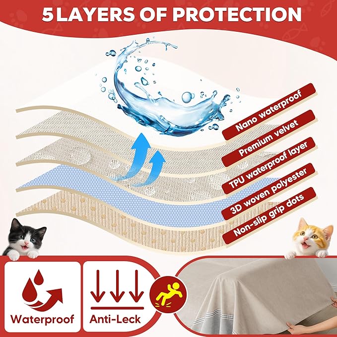 Living Room High Stretch Sofa Cover Pets Dogs Friendly, Cat Scratch Furniture Protector - Anti-Slip, Waterproof Sofa Cover to Keep Cats Off, Anti-Scratch Couch Cover for Pets and Kids 150"X91"Khaki