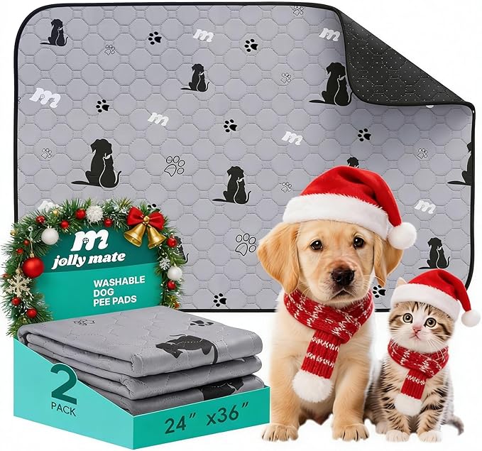 JollyMate 24"x36" Washable Pee Pads for Dogs, Ultra-Absorbent and Leak-Proof Reusable Pee Pads, Non-Slip Reusable Puppy Pads, Waterproof Dog Pee Pads, 2 Pack