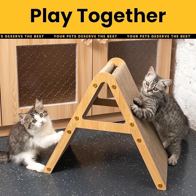 A-Frame Cat Scratching Board, Recycled Cardboard & Wood Frame, Dual-Sided Vertical Horizontal Cat Scratcher for Indoor Kittens, Space-Saving Furniture Protector for Sofa Walls-Light Wood, Small