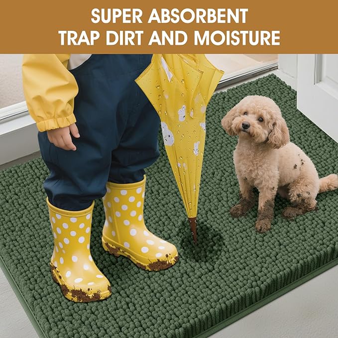 IM HOME Extra Large Dog Door Mats for Muddy Paws, 60" x 36" Christmas Chenille Absorbent Mud Mat for Dogs, Non Slip Heavy Dog Rugs for Muddy Paws, Soft Indoor Door Mat for Entryway, Mud Paw, Olive