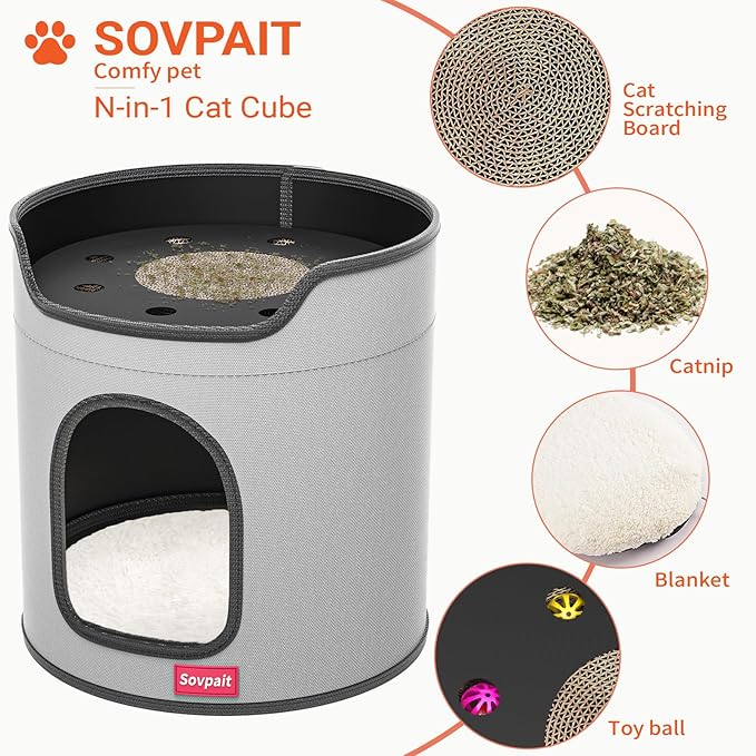 Cat House for Indoor Cats,Large Luxury Double Cat Beds with Cat Scratcher Pad Toys w/Catnip,Soft Washable Cushion Cat House Shelter D15xH15 in Grey (Classy Gray, Cardboard Cat Scratcher)