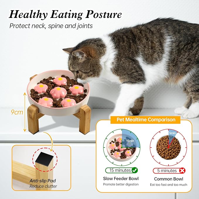 Elevated Slow Feeder Cat Bowl - Maze Puzzle Cat Food Dish with Bamboo Stand, Anti-Slip - Raised Base for Comfortable Eating - 6 OZ - Blush Pink Flower