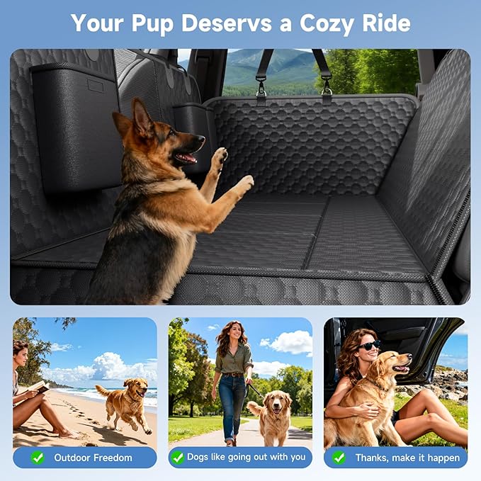 REDASW Dog Car Seat Cover for Back Seat Waterproof Oxford Fabric, Hard Bottom Seat Extender, Scratchproof, Anti-Slip, Dog Hammock for Car with Mesh Window, Fit Full Size Truck, Black