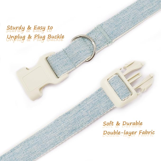 Cotton Hemp Dog Collar Adjustable, Light Blue Dog Collar Soft Natural Fabric with Quick Release, Cute Wedding Puppy Necklace for Small Medium Large Dog, Light Blue-L