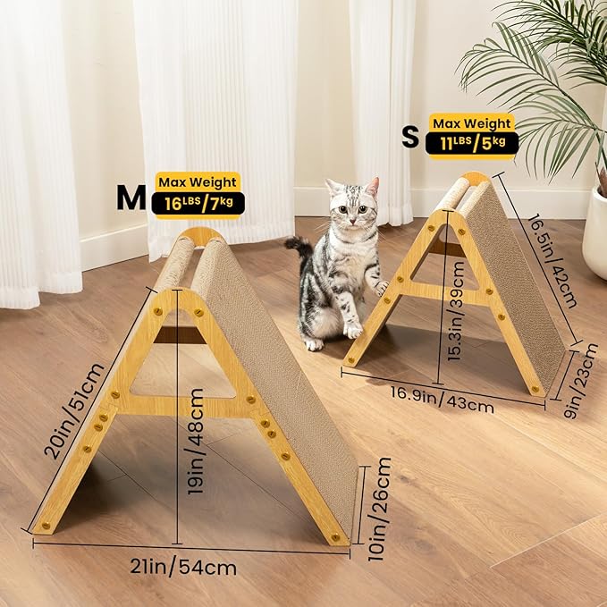 A-Frame Cat Scratching Board, Recycled Cardboard & Wood Frame, Dual-Sided Vertical Horizontal Cat Scratcher for Indoor Kittens, Space-Saving Furniture Protector for Sofa Walls-Light Wood, Small