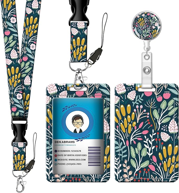 ID Badge Holder with Retractable Lanyard and Keychain, Badge Reel with Rotate Carabiner Clip,Beige Flower Card Name Tag Lanyard ID Protector Bage Clips for Student, Women, Office (Cute Boho Flower)