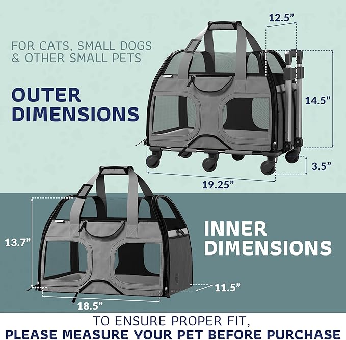 Rolling Pet Carrier with Removable 6 Wheels & Double Telescopic Handle Soft Sided for Airline Approved Dog & Cat Carrier Bag (Grey/Black)