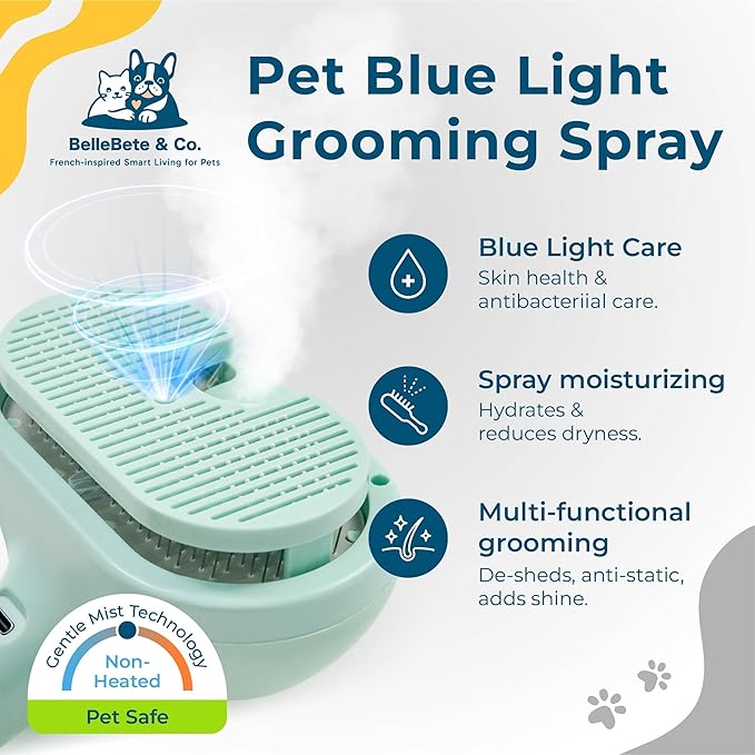 BelleBête & Co. Pet Steam Brush for Dog and Cat, Pet Hair Removal Grooming and Shedding Tool with One-Click Easy Self-Cleaning, USB Charging, No-Rinse Conditioning, Combs for Animals | White