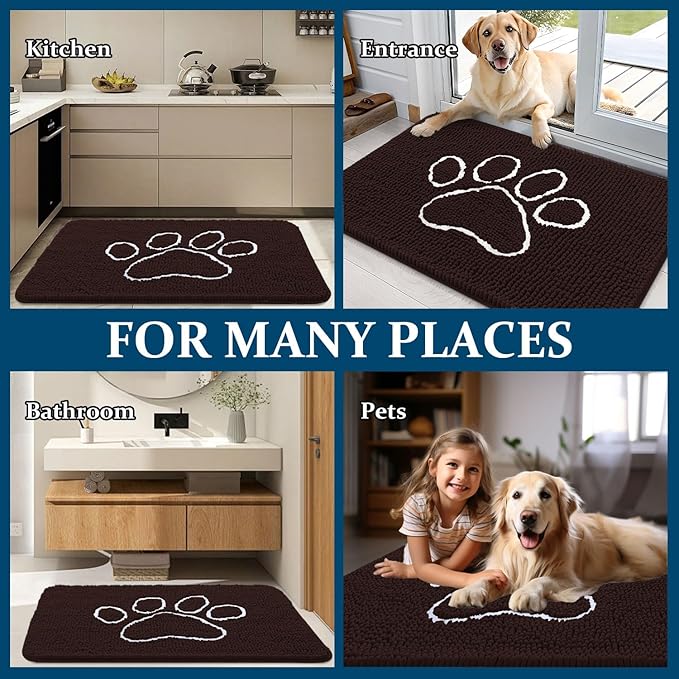 OLANLY Dog Door Mat for Muddy Paws 24x16, Paw Print Design, Absorbs Moisture and Dirt, Absorbent Non-Slip Washable Doormat, Quick Dry Chenille Mud Mat for Dogs, Entry Indoor Entryway Carpet, Brown