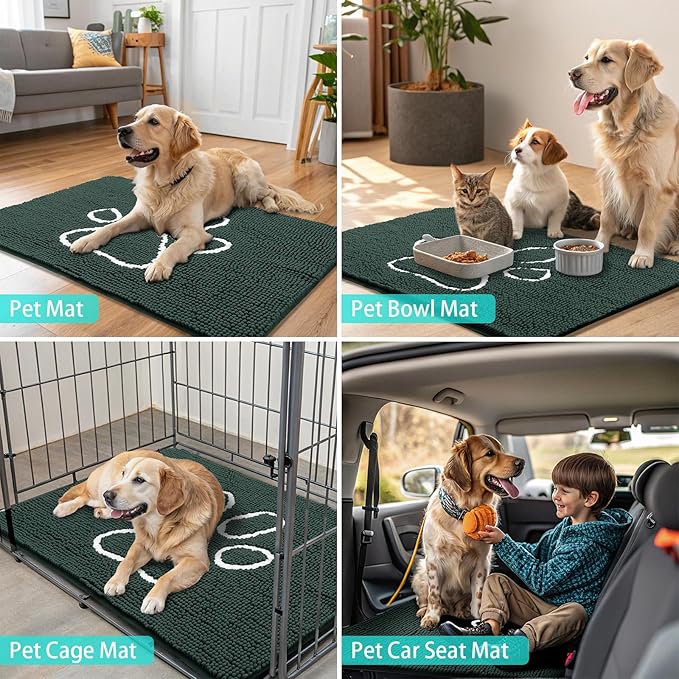 Smiry Dog Door Mat for Muddy Paws, Absorbent Dirt Trapper Non Slip Quick Dry Washable Chenille Mat for Mud Dogs, Entry Rug for Indoor and Outdoor (40x32 Inches, Green and White)