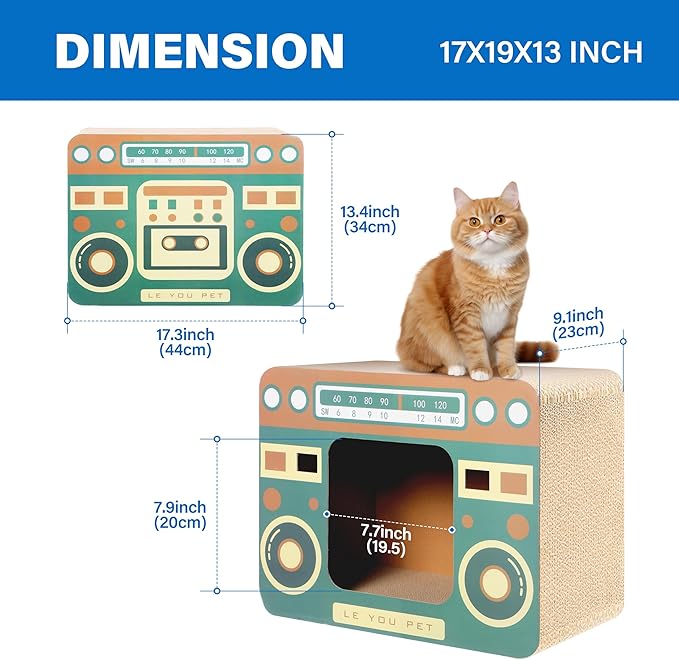 Cardboard Cat House with Scratcher, Radio Scratcher Cardboard Lounge Bed - Scratchers & Play House for Indoor Cats - Corrugated Scratcher Box Toy for Cat Birthday