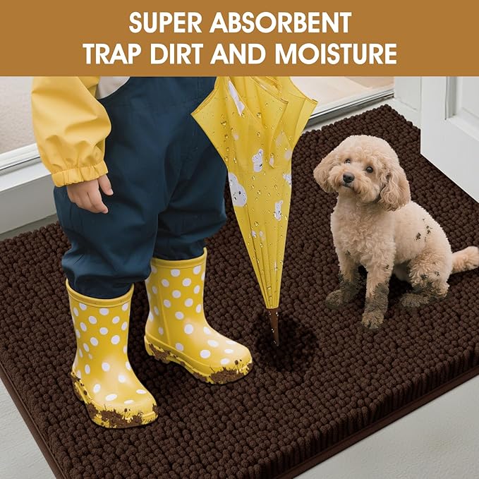 Extra Large Dog Door Mats for Muddy Paws, 60" x 36" Chenille Absorbent Mud Mat for Dogs, Non Slip Heavy Dog Rugs For Muddy Paws, Soft Indoor Door Mat for Entryway, Mud Paw, Inside Floor, Brown