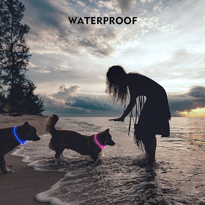 LED Dog Collar, Rechargeable Light Up Dog Collars,IP67 Waterproof Dog Lights for Night Walking，Adjustable, Reusable Safety Necklace for Small Medium Large Dogs (Pink)