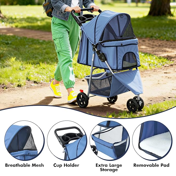 3 Wheel Pet Stroller for Dogs and Cats, Foldable, Lightweight and Durable, Ideal for Small to Medium Pets, Includes Storage Basket and Cup Holders