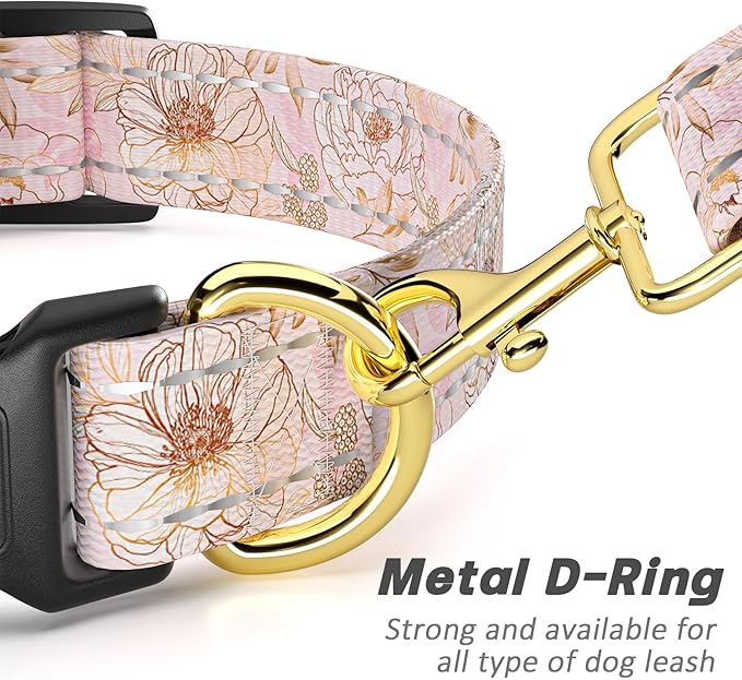 Reflective Dog Collar for Medium Dogs, Cute Flower Theme Adjustable Heavy-Duty Nylon Puppy Collar for Boy and Girl Female, Soft Pet Accessories with Quick Release Buckle, Neck 14-20", Pink