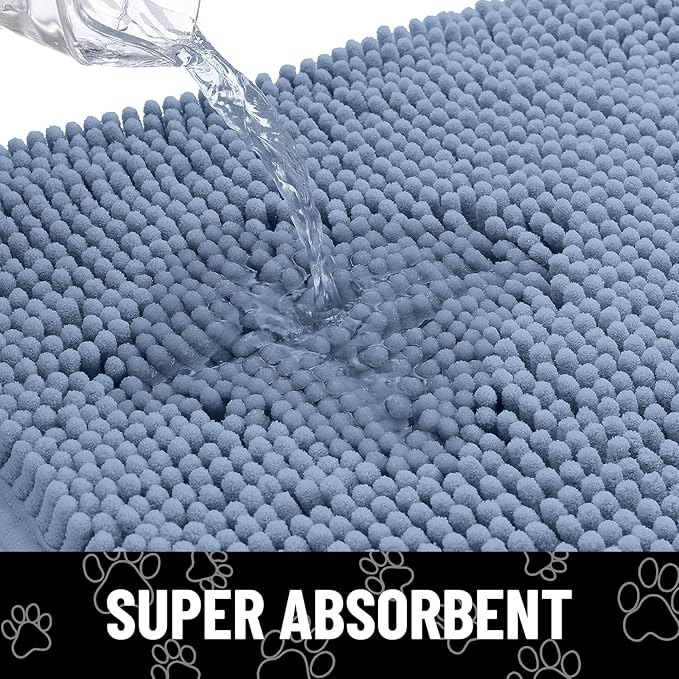 Smiry Dog Door Mat for Muddy Paws, Absorbent Dirt Trapper Non Slip Quick Dry Washable Chenille Mat for Mud Dogs, Entry Rug for Indoor and Outdoor (47x24 Inches, Airy Blue and White)