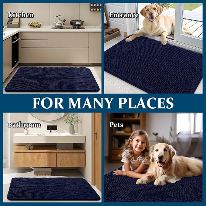 OLANLY Dog Door Mat for Muddy Paws 59x20, Absorbs Moisture and Dirt, Absorbent Non-Slip Washable Doormat, Quick Dry Chenille Mud Mat for Dogs, Entry Indoor Entryway Carpet for Inside Floor, Navy Blue