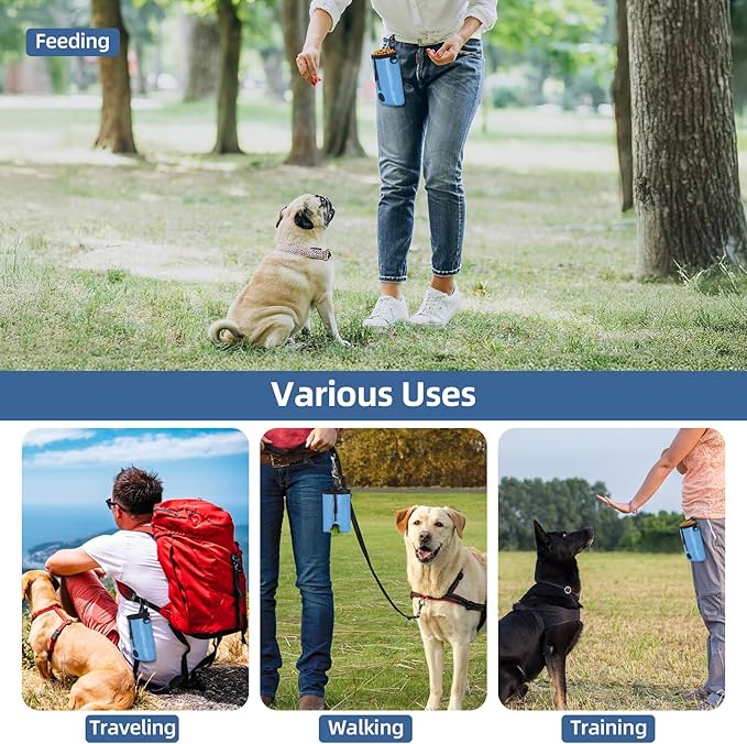 Ownpets Small-Size Pet Training Treat Pouch with Drawstring Closure - Dog Treat Bag for Leash, Carabiner Hook, Poop Bag Holder & Reflective Strip, 825ml Capacity (Blue)