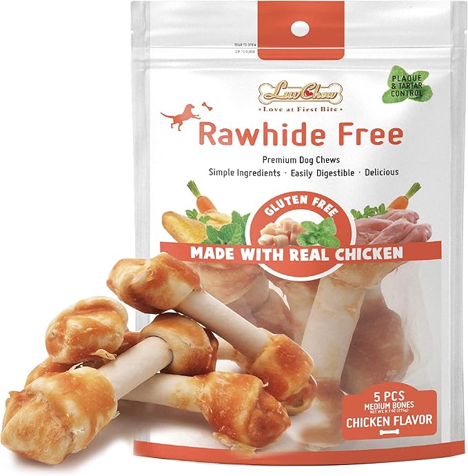 LuvChew Chicken Dog Chew Bones Medium, Rawhide Free, Grain Free, Made with Real Chicken & Wholesome Vegetables, Knotted Bones Medium 5pcs/Pack