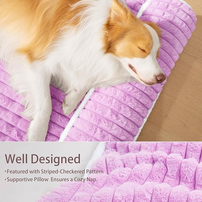 Orthopedic XL Dog Bed Large Sized Dog with Pillow 42''X28'', Waterproof Soft Comfortable Egg Crate Foam Pet Crate Beds Mat with Removable Washable Cover and Non-Slip Bottom, Lilac