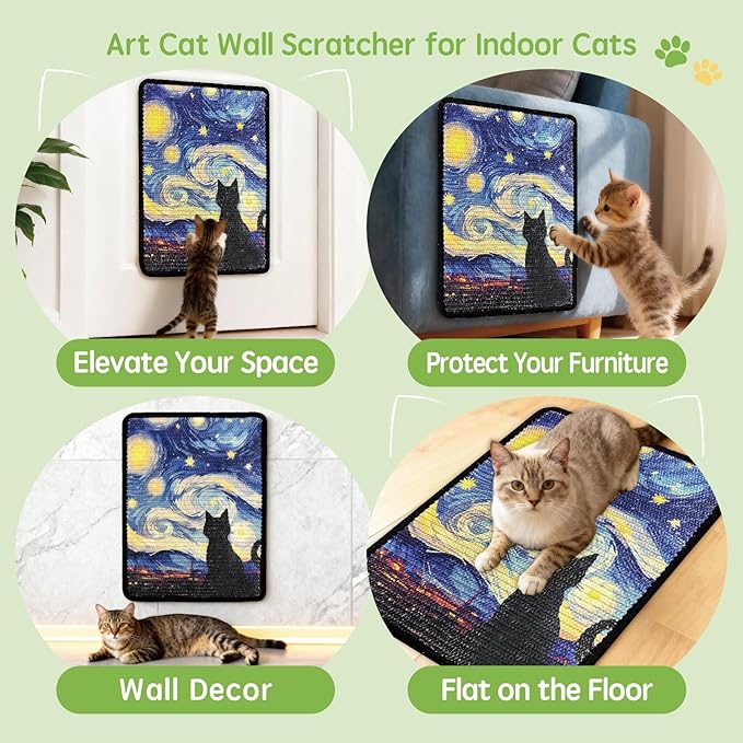 3-in-1 Sisal Cat Scratcher Mat 15x12 Inch – Art Cat Wall Scratcher with Adhesive Tape for Indoor Cats, Durable Wall Mounted Cat Scratch Pad to Protect Couch and Carpet（Starry Night
