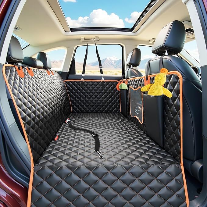 Back Seat Extender for Dogs, Dog Car Seat Cover with Hard Bottom Supports 500 lbs, Waterproof Car Seat Protector, Nonslip Dog Hammock for Back Seat, Pet Bed for Cars, SUVs & Small Trucks