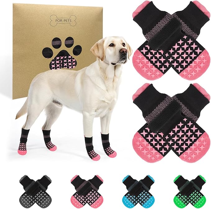 SCENEREAL Anti Slip Dog Socks to Prevent Licking Paws, Dog Booties & Paw Protectors for Hot Pavement Hardwood Floors, Traction Control for Small Medium Large Senior Dogs, Pink L