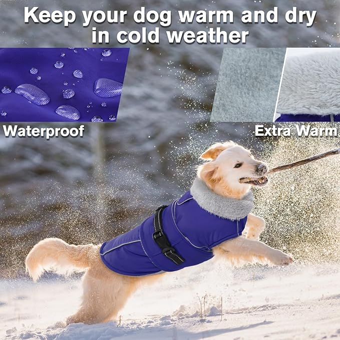 Lelepet Warm Dog Winter Coat Waterproof Dog Jacket with Adjustable Buckle & Leash Hole Reflective Pet Fleece Snowsuit Turtleneck Windproof Cold Weather Coats, Blue, XXXL