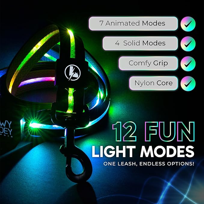 Luminoid LED Dog Leash | 6 ft | USB Rechargeable | 12 Multi-Color Animated Effects | Ultra-Bright LEDs Light-up Leash Keeps You & Dog Safe - by Glowy Zoey
