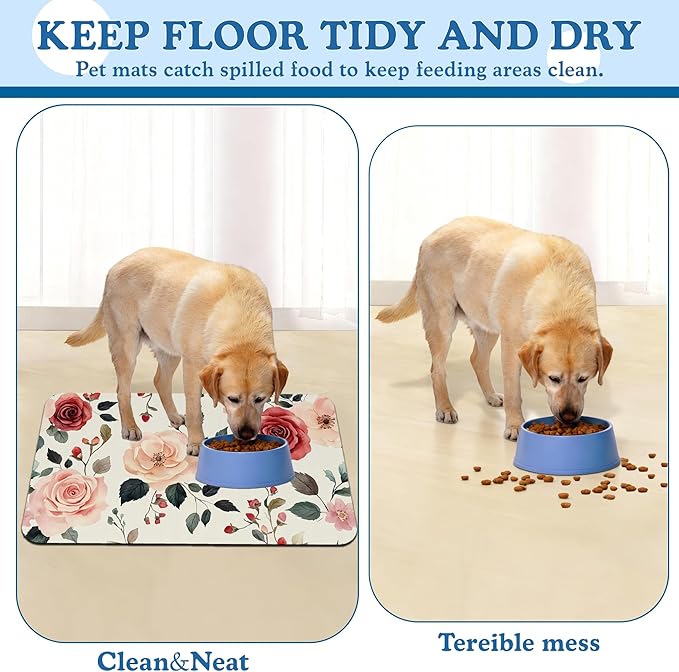 Pink Flower Leaf Pet Feeding Mat–Christmas Stocking Quick Dry Absorbent Dog Cat Food Mat, Non Slip Waterproof Bowl Placemat for Messy Eaters, Pet Accessories for Floors 12"x20"