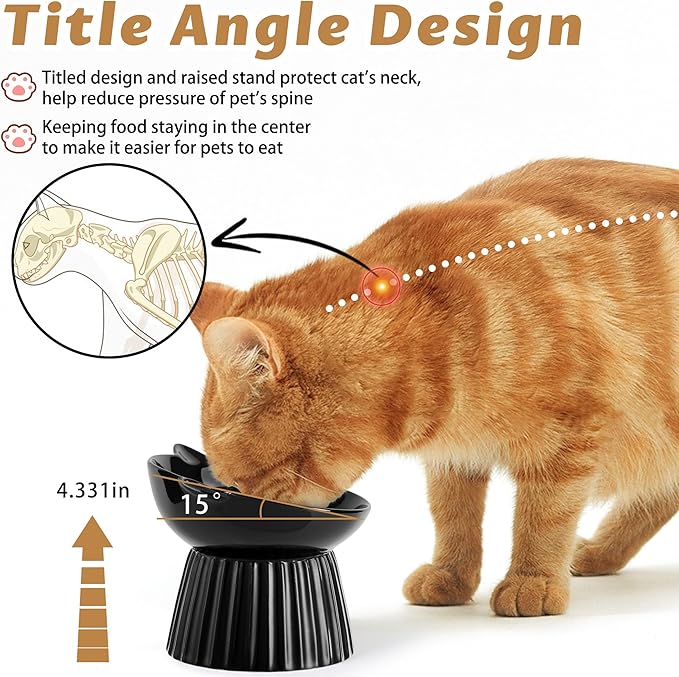 Ceramic Raised Cat Bowl，Tilted Raised Bowl Anti Vomit for Indoor Cats Whisker Friendly Pet Feeder for Cats Puppies, Microwave and Dishwasher Safe (Black)