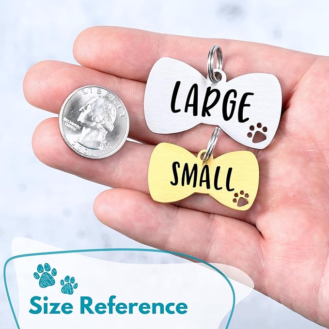 Ultra Joys Dog Tags Personalized for Pets - Hollow Paw Custom Pet ID Tag - Engraved Dog Tag for Small, Large Dogs - Small Bow Tie in Gold