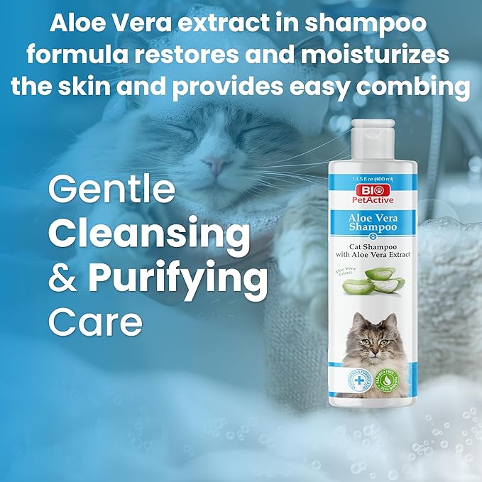 Bio PetActive Cat Shampoo with Natural Aloe Vera Extract | Kitten Itch Relief, Sensitive Skin & Coat Care, Deshedding & Moisturizing | Veterinary Formulated, Paraben Free, pH Balanced | 13.53 Fl Oz