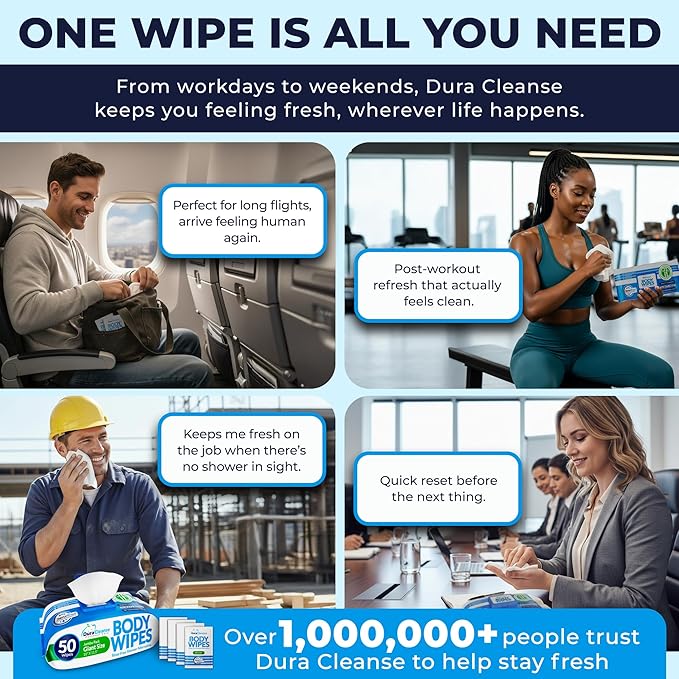 Dura Cleanse Body Wipes for Adults - Everyday Clean (Instant Fresh) - 1 Pack (54 Wipes), XL No-Rinse Bathing Wipes, Disposable Washcloths, Waterless Shower Alternative for Camping & Elderly Care