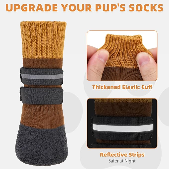 KOOLTAIL Anti Slip Winter Dog Socks to Prevent Licking Paws, Waterproof Snow Rain Long Dog Boots&Paw Protector, Warm Grippy Booties Reflective Double Straps for Hardwood Floor, Small Medium Large Dogs