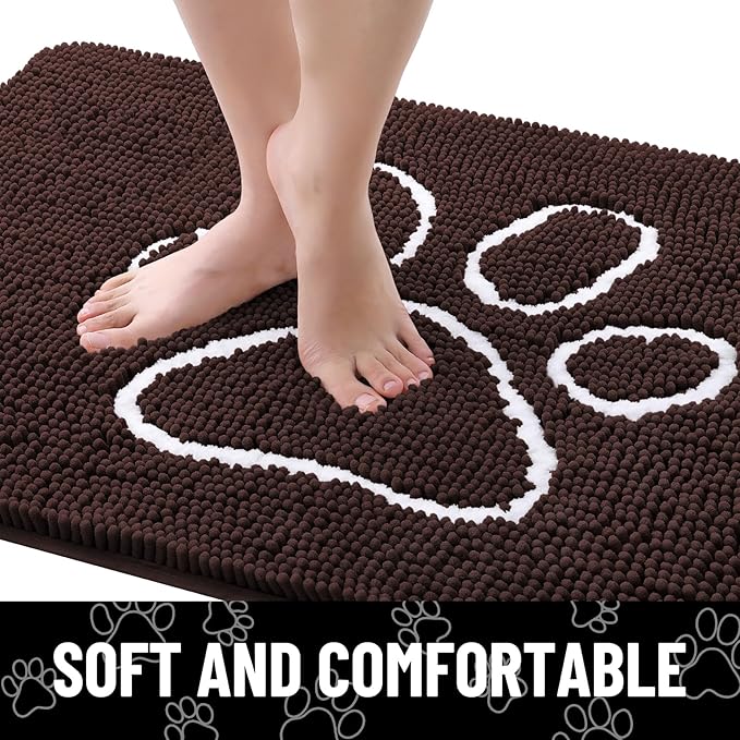 Smiry Dog Door Mat for Muddy Paws, Absorbent Dirt Trapper Non Slip Quick Dry Washable Chenille Mat for Mud Dogs, Entry Rug for Indoor and Outdoor (59x35 Inches, Brown and White)