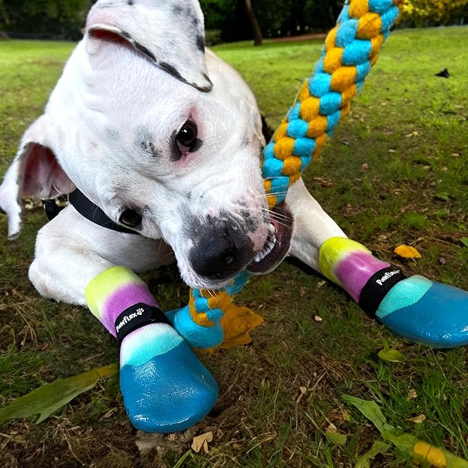 PawFlex Double Dipped Waterproof Dog Socks Comfy Pawz Soft Indoor/Outdoor Dog Booties with Rubberized Bottom| Non-Slip Silicone Grip at Inner Cuff for No Twisting or Sliding Off| Adjustable Strap