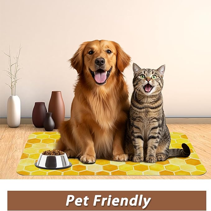 Honeycomb Bee Geometric Dog Food Mat for Floors,Absorbent Quick-Dry Pet Feeding Mat,Cat Dog Bowl Mats for Food and Water,Non-Slip Pet Accessories Supplies 16"x24"