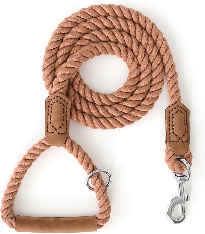 Mile High Life Dog Leash, Braided Cotton Rope Leashes with Leather Handle - Heavy Duty Metal Clasp, 4FT, 1/2" Thick - Wedding, Walking & Training Leash for Small Medium Large Dogs (Mocha Mousse)
