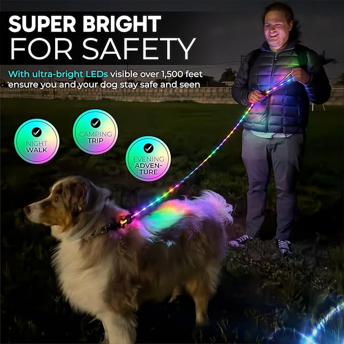 Luminoid LED Dog Leash | 6 ft | USB Rechargeable | 12 Multi-Color Animated Effects | Ultra-Bright LEDs Light-up Leash Keeps You & Dog Safe - by Glowy Zoey