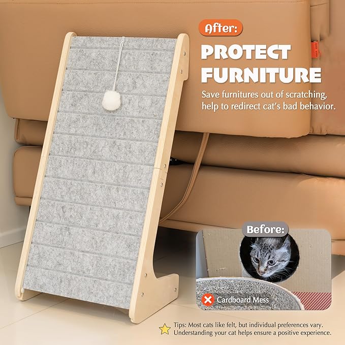 PETKARAY Felt Cat Scratcher, L Shaped Scratching Pad, Scratch Resistant Carpet Scratcher Ramp, Slot-Free Scratch Board with Toy Ball, Light Grey