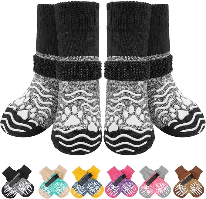 PUPTECK Anti Slip Dog Socks, Shoes with Grippers to Prevent Licking Hardwood Floors Traction, Rubber Boots & Paw Protectors for Small Medium Large Dogs Cold/Hot Pavement, Senior Dogs Booties Grey