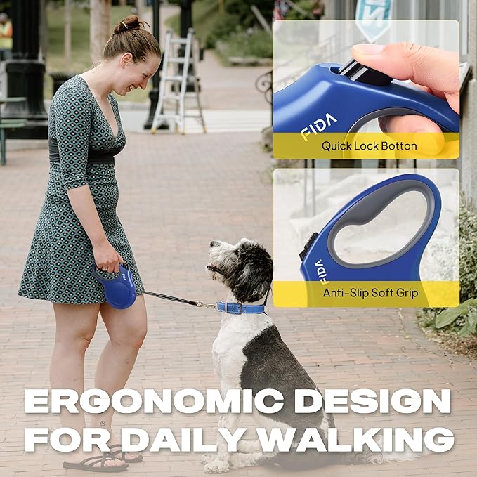 Fida Retractable Dog Leash, 16ft Heavy Duty Pet Walking Leash for Small Dog or Cat up to 26 lbs, Tangle Free. One-Hand Brake (Small,Navy Blue)