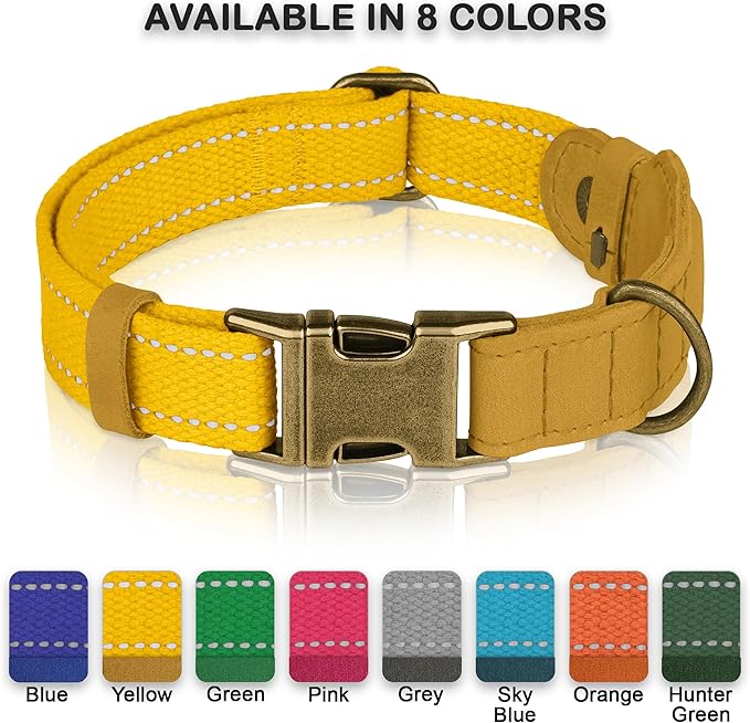 Reflective Leather Dog Collar with AirTag Holder - Soft Apple Airtag Dog Collar with Metal Buckle - Safety Cotton Pet Collars for Dogs Small Large Dogs Puppy (Yellow, S, 12"-15")