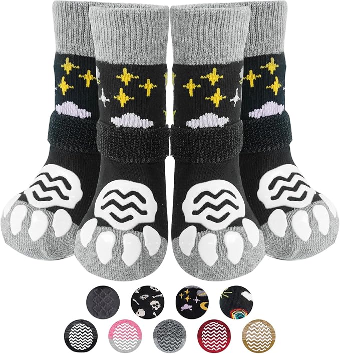 PUPTECK Anti Slip Dog Socks 2 Pairs with Double Grippers for Hardwood Floors, Shoes for Hot/Cold Pavement, Boots & Paws Protectors to Prevent Licking, Traction Booties for Senior Small Large Dogs
