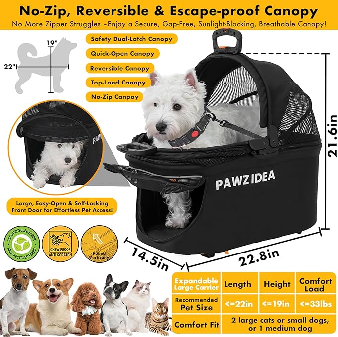 PAWZIDEA Portable Small Dog Crate for Car Travel, Enclosed Pet Car Seat for Small/Medium Dogs & Cats up 33 lb, Reversible No-Zip Canopy, Soft-Sided Pet Carrier Basket, Foldable Dog Kennel, Metal Frame
