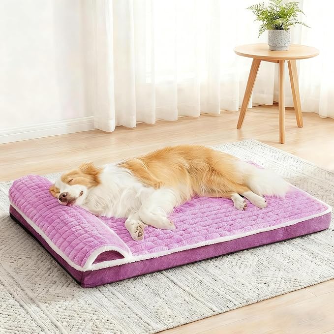 Orthopedic Jumbo Dog Bed Large Sized Dog with Pillow 56''X40'' Waterproof Soft Comfortable Egg Crate Foam Pet Crate Beds Mat with Removable Washable Cover and Non-Slip Bottom, Lilac