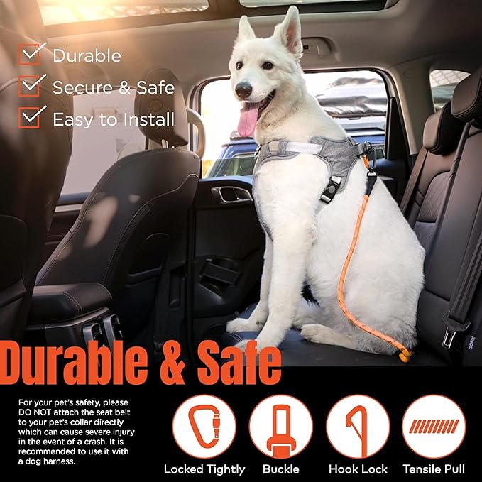 Dog Seat Belt for Car | Universal Pet Car Seatbelt with Reflective Climbing Rope, Aviation Aluminum Carabiner with 360° Swivel & Auto-Lock, Secure Safety Restraint (Sunset Orange 360°)