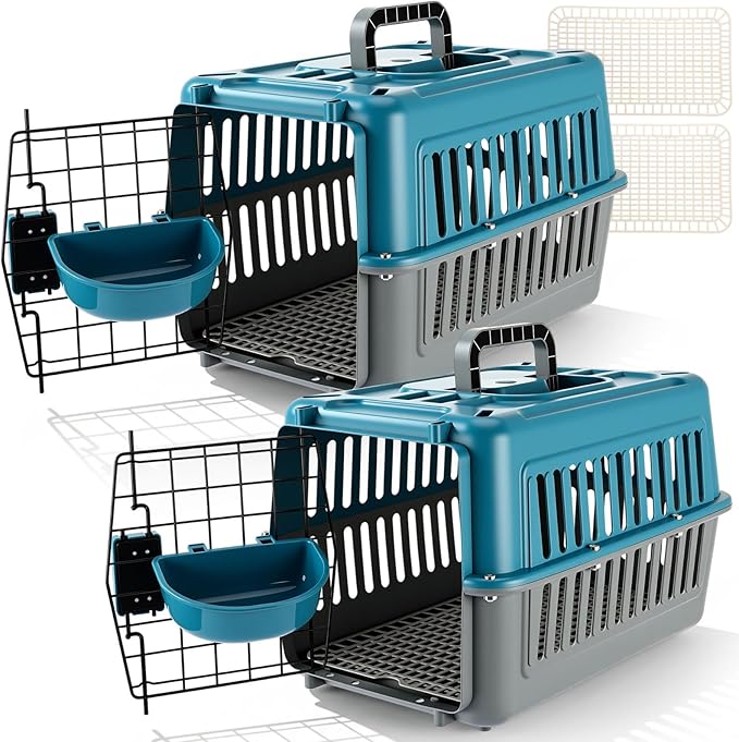 2 Set Travel Pet Carriers for Small Cat Dog Plastic Hard Shell Carrier Cat with Bowl Wire Door Grille Mat Portable Breathable Security Lock Puppy Kennel for Travel Airline, 17.5", up to 13lbs(Blue)