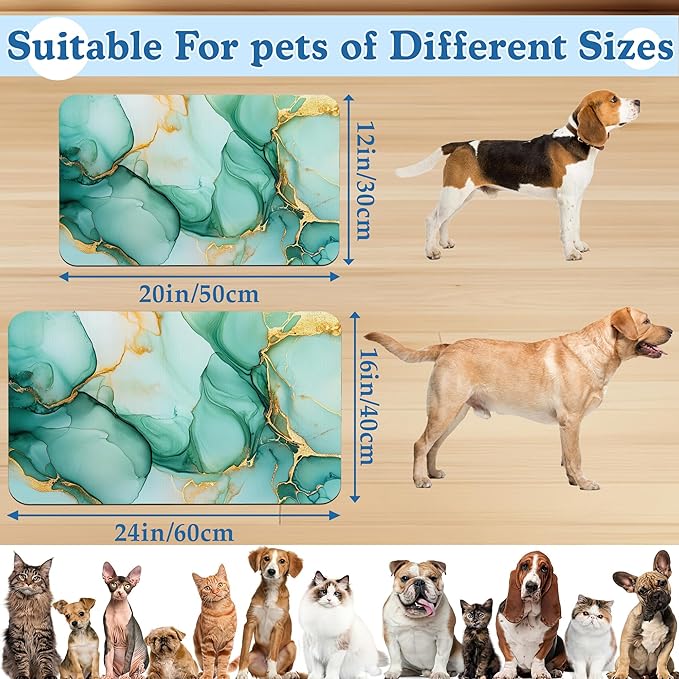 Green Marble Pet Feeding Mat for Floors–Christmas Stocking Absorbent Quick Dry Dog Cat Bowl Mat for Food and Water, Non Slip Waterproof Base, Mess-Free Feeding Accessories 12"x20"
